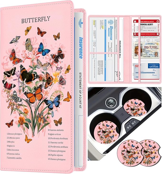 Slohif Car Registration and Insurance Card Holder with Magnetic Shut - Vehicle Glove Box Organizer Women Leather Automobile License Holders Coasters Auto Accessories Case for Document Butterfly