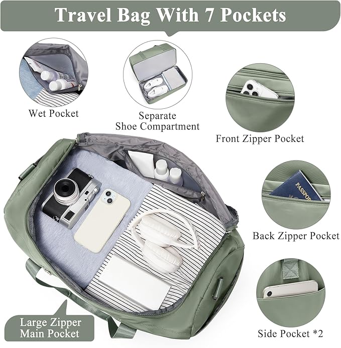 Large Travel Duffle Bag,Carry on Overnight Weekend Bag with Shoes Compartment,Weekender Bags for Women for Travel Business Trips Sport Hospital,2Pcs,Olive Green