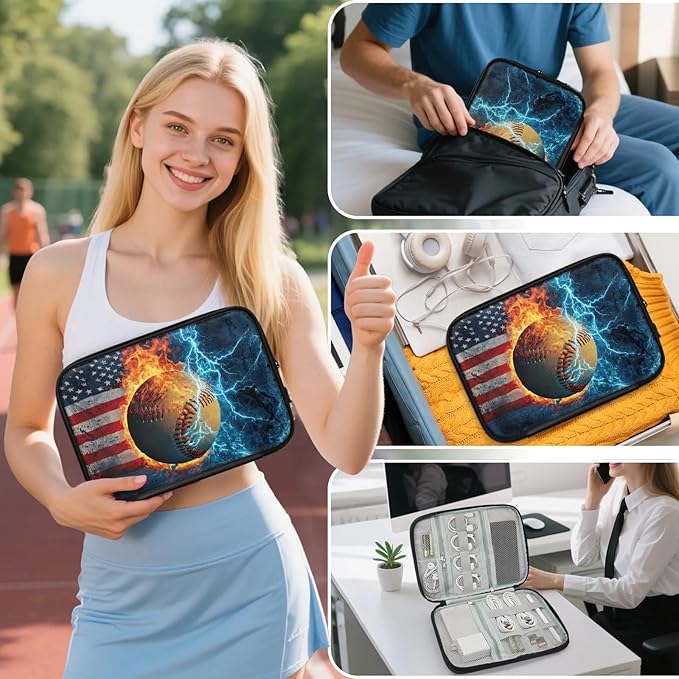 Vintage Baseball Travel Cable Organizer Pouch Fire American Flag Electronics Accessories Carry Case Portable Water Resistant Storage Bag for Cord Charger Phone Earphone SD Card