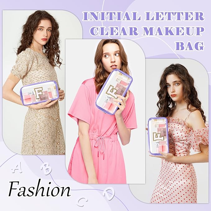 Personalized Initial Letter Clear Makeup Bag,Preppy Small Nylon&PVC Cosmetic Zipper Bag with Chenille Letter,Travel Skincare Toiletry Bag,Monogram Christmas Gift for Teen Girls Women,F