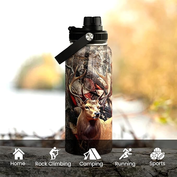 Hunting Water Bottle 32oz - Stainless Steel Insulated Bottles with Lid - Hunting Presents for Men Dad Husband Papa, Hunters Gift for Birthday Christmas Fathers Day