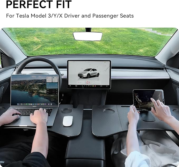 YONZEE Foldable Desk Food Tray (Carbon Edition) for Tesla Model Y Juniper Model 3 - Upgraded Table with Support Leg for Dining, in-Car Work, Travel and Outdoor (2 Pack)