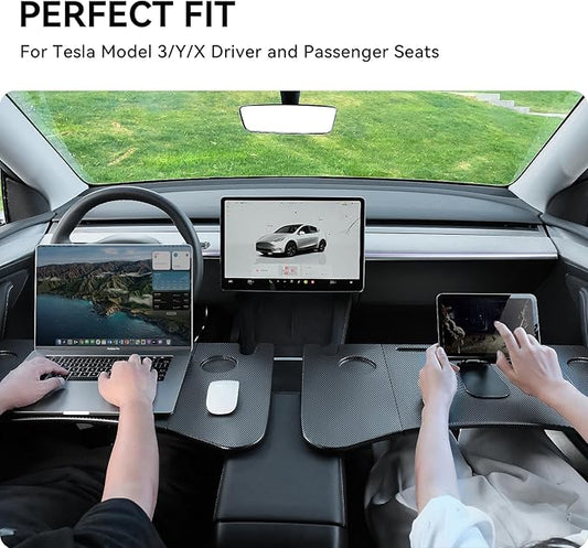 YONZEE Foldable Desk Food Tray (Carbon Edition) for Tesla Model Y Model 3 S X Y Juniper- Upgraded Table with Support Leg for Dining, in-Car Work, Travel and Outdoor (1 Pack)