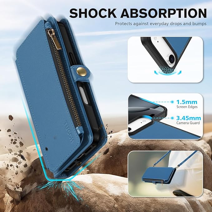 TUCCH Removable Crossbody Case Wallet for iPhone Air (6.5") 2025, Wireless Charging, RFID Blocking 9 Card Slots, Lanyard, Wrist Strap, Zipper Pocket, PU Leather, Stand Magnetic Cover, Light Blue