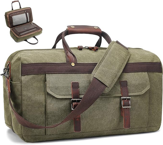 Duffle Bag for Men Waterproof Genuine Leather Canvas Travel Duffel Bags for Women Overnight Weekender Bag for Traveling