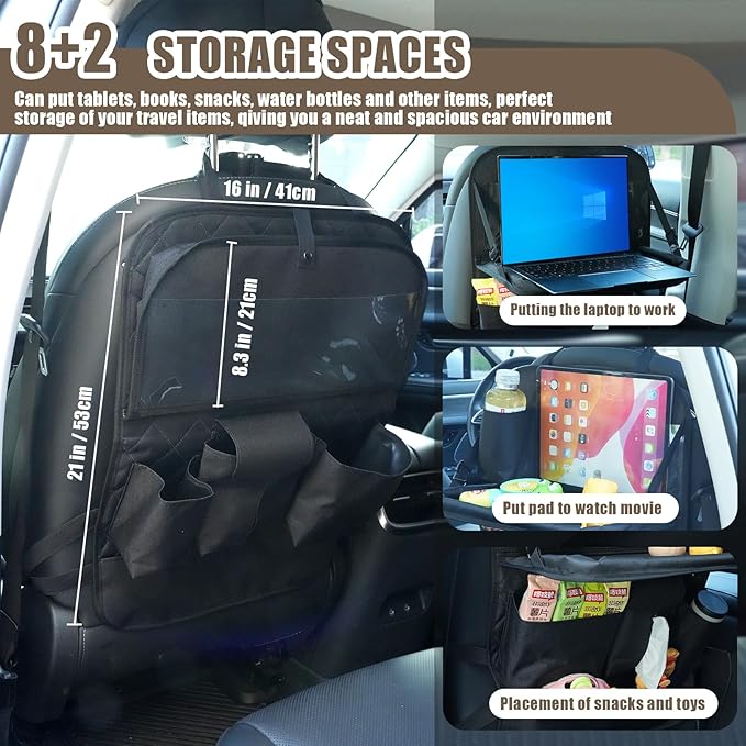 XDV Car Seat Organizers,Multi-functional Back Seat Protectors, Storage Pouches, Child kicking prevention and Tray Holders Kick Mats Back (for Cars, Kids,and Rear Seats) (Black, 2 Pack with Food Tray)