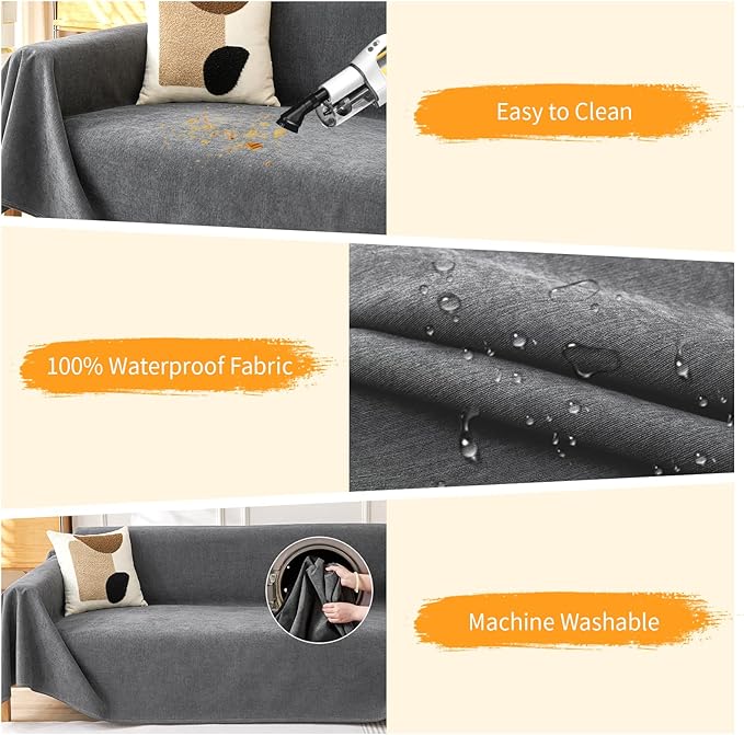 Deep Dream Cat-Scratch Resistant Couch Cover, Waterproof Sofa Cover for 3 Cushion Couch Washable, Pet Friendly Couch Protectors Anti Slip Thickened Love Seat Slipcovers for Dogs Pets, 71" x 118", Grey
