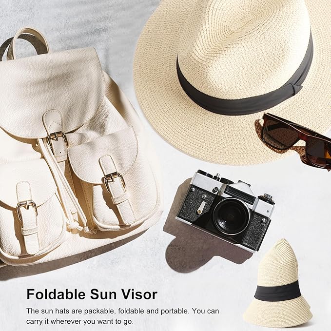 DRESHOW Women Straw Panama Hat Travel Fedora Beach Sun Hat Summer Wide Brim Straw Roll up Hat UPF 50+