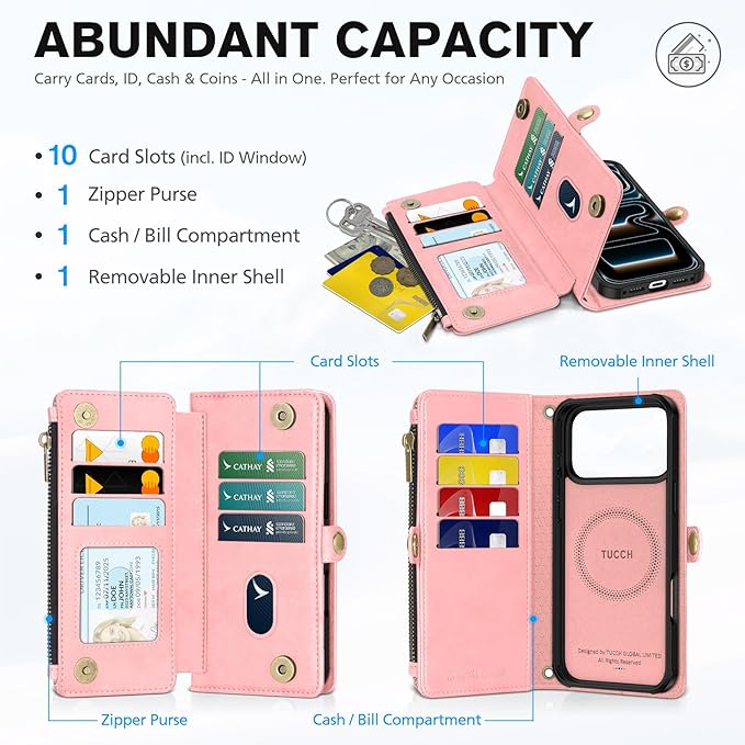 TUCCH Detachable Crossbody Wallet Case for iPhone 17 Pro Max 6.9", 10 Card Slots RFID Blocking | Stand | Lanyard Wrist Strap | Wireless Charging | Zipper Pocket | PU Leather Magnetic Cover | Rose Gold