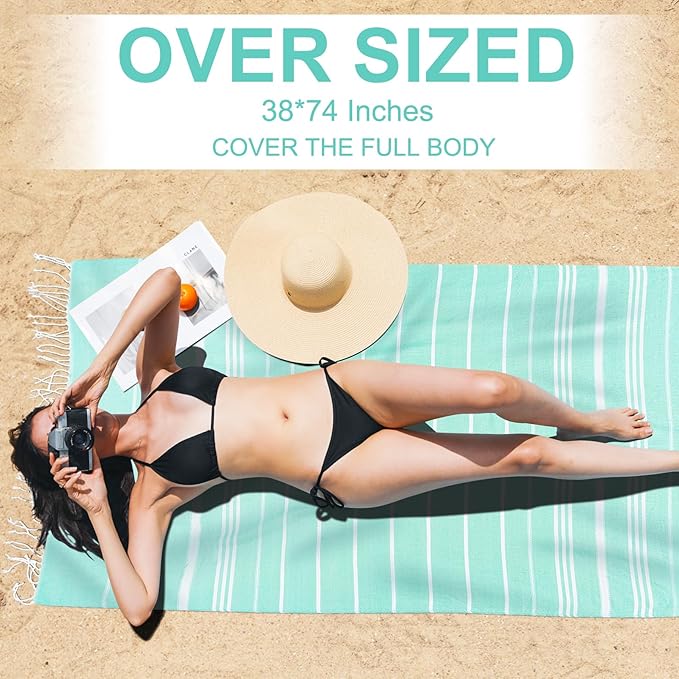 Genovega 6 Packs Oversized Turkish Beach Towels Set 74"x38" Extra Large Sand Free Quick Dry Absorbent Swim Bath Pool Towel Adult Blanket Travel Essentials Accessories Vacation LightGreen Stripe