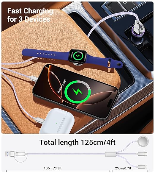 Temdan for Travel Vacation Essentials,3 in 2 USB C Cable for Apple Watch Charger/iPhone 17 Charger/Lightning,Multi Charging Cable Cord,Camping Essentials,Designed for iWatch &iPhone 16-12-4FT Purple
