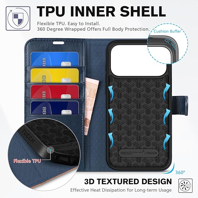 TUCCH Wallet Case for iPhone 17 Pro Max (6.9") 2025, 4 Card Holders, RFID Blocking, Stand, Shockproof TPU Shell, PU Leather, Magnetic Closure, Protective Flip Folio Cover, Blue & Brown
