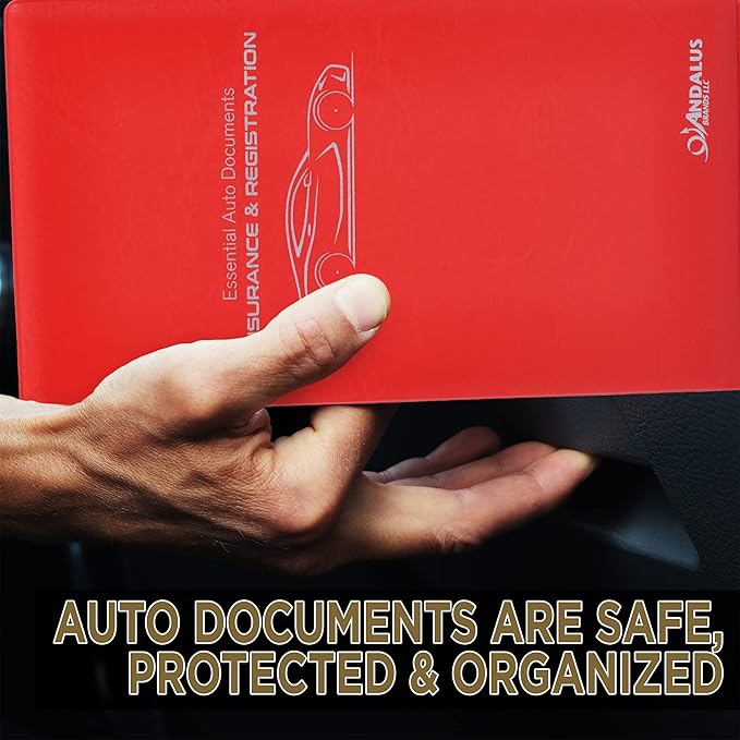 Andalus Auto Registration & Insurance Card Holder Pack of 1, Waterproof Essential Car Registration Holder with Hook & Velcro Closure, Perfect for Every Vehicles Glove Boxes (Red - 9.5" x 5.15")
