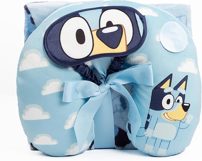 Jay Franco Bluey Kids Travel Set - 3 Piece Set Includes 40 x 50 Throw Blanket, Eye Mask, and Neck Pillow - Super Soft & Cozy Travel Accessories