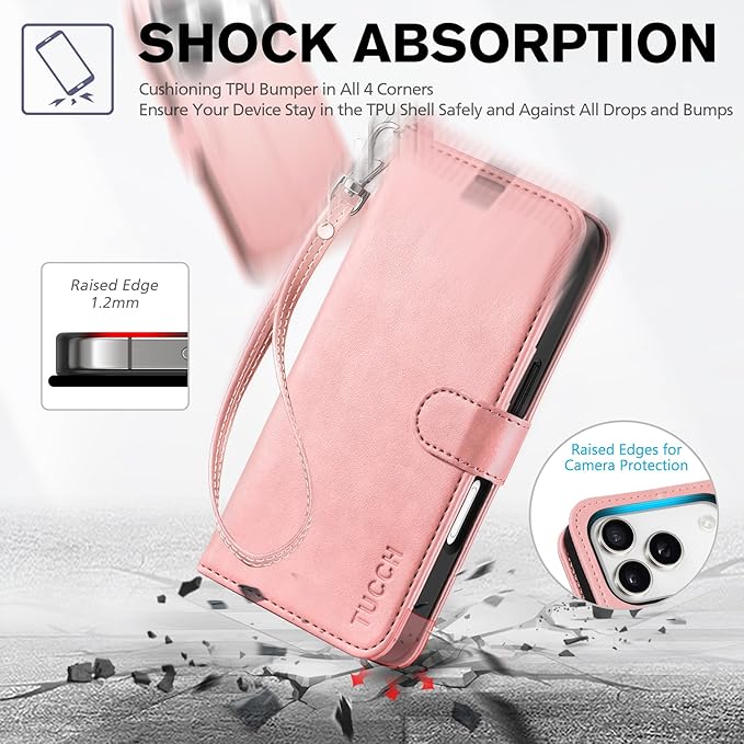 TUCCH Wallet Case for iPhone 17 Pro (6.3") 2025, Wrist Strap | 4 Card Slots | RFID Blocking | Kickstand | Shockproof TPU Shell | PU Leather | Magnetic | Protective Flip Cover | Rose Gold