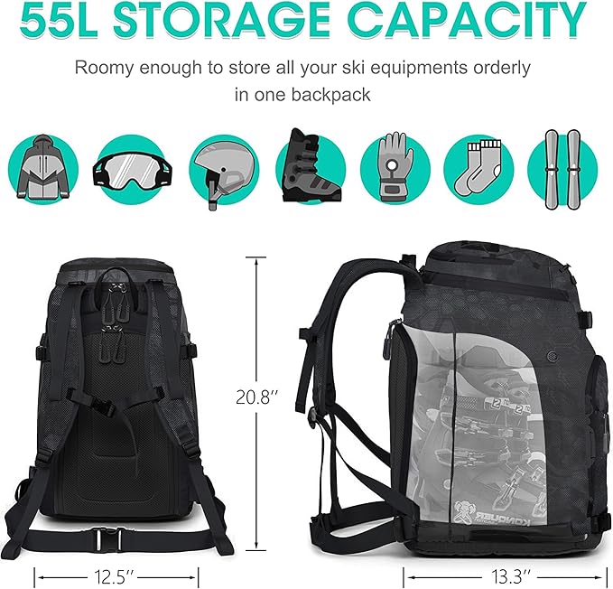 Ski Boot Bag, 55L/70L Waterproof Ski and Snowboard Boots Travel Backpack for Skis, Snowboard, Ski Helmet, Goggles, Gloves & Accessories