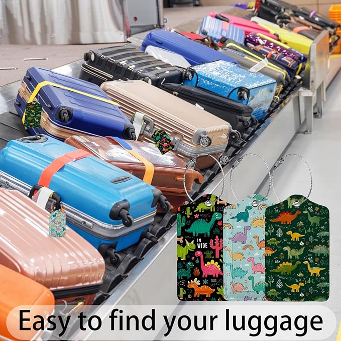 Cute Cartoon Dinosaur Luggage Tag 3 Pack Travel Cruise Luggage Tags for Suitcases, Identifiers Bag Tags with Privacy Flap, Baggage Name Tag for Women Men Luggage Backpack Handbag School Bag