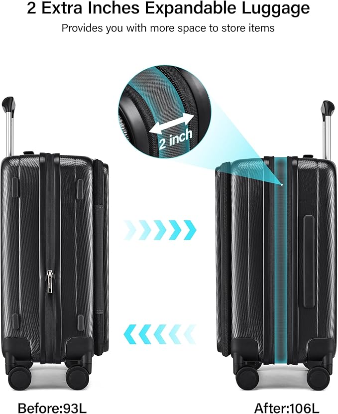 Hanke 26 Inch Expandable Luggage Top Opening Checked Bag Luggage Hard Shell Suitcases with Wheels Lightweight Travel Luggage Heavy Duty Luggage Suitcase with Lock for Woman Men-Jet Black