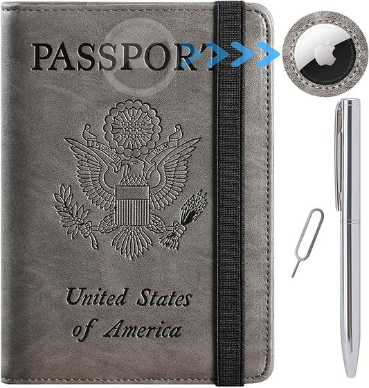 Airtag Passport Holder Cover Wallet Travel Essentials RFID Blocking Leather Card Case International Must Haves Travel Accessories for Women Men(119#Grey)