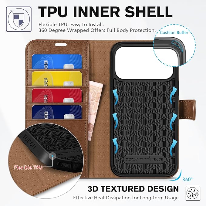 TUCCH Wallet Case for iPhone 17 Pro Max (6.9") 2025, 4 Card Slots | RFID Blocking | Stand | PU Leather | Magnetic Closure | Protective Flip Folio Cover | Shockproof TPU Shell | Brown