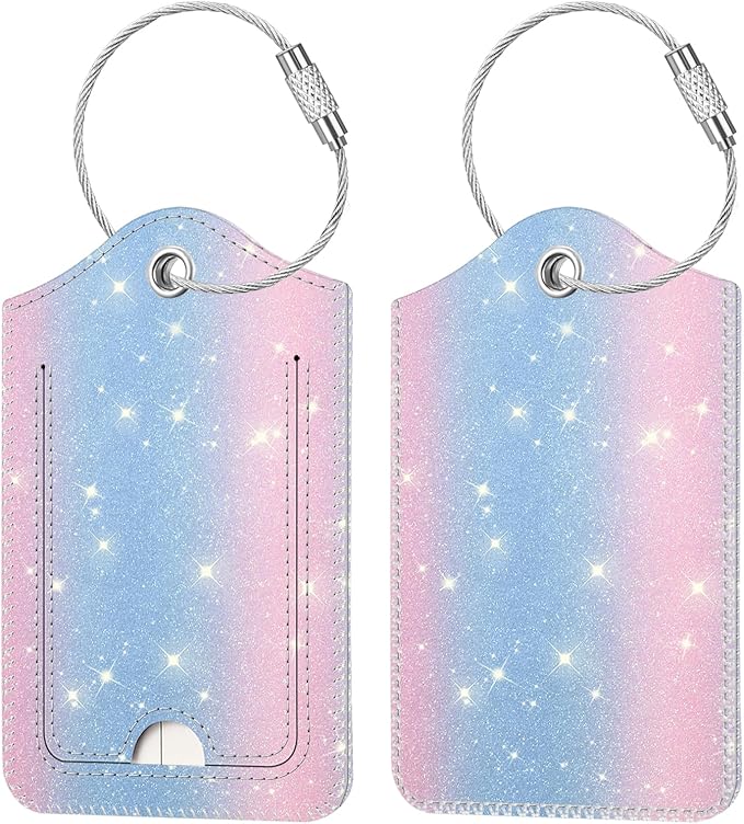 Fintie Luggage Tags, Privacy Cover ID Label with Stainless Steel Loop and Address Card for Travel Bag Suitcase - Pink/Blue (2 Piece)