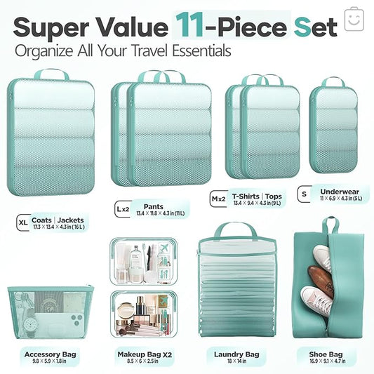 Veken 11 Set Compression Packing Cubes for Travel Essentials,Compressible Expandable Large Luggage Suitcase Organizer Bags for Clothing,Durable Space Saver Storage Bags with Toiletry Bags(Blue Green)
