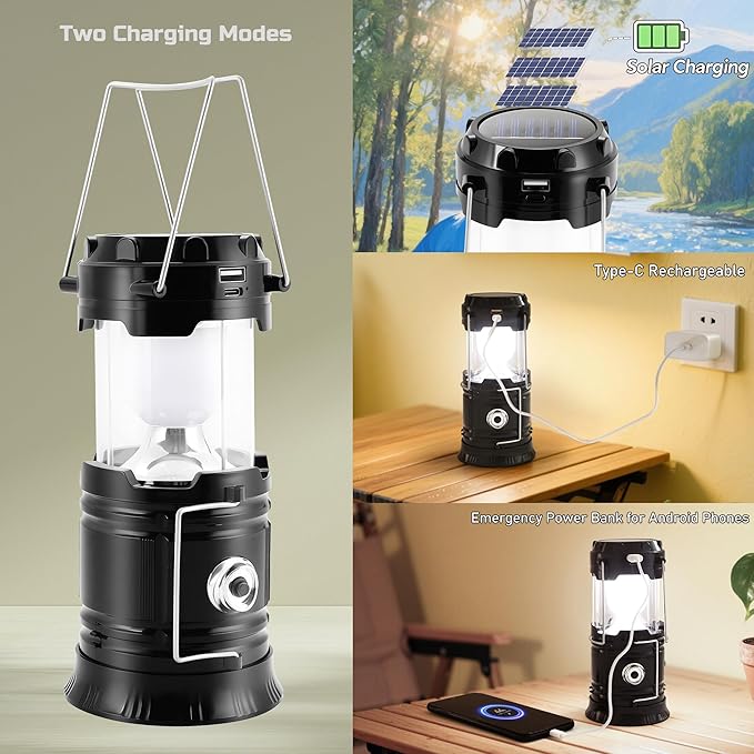 Lichamp Collapsible Portable Solar Camping Lantern, USB Rechargeable LED Flashlight - Survival Kits for Power Outages Hurricane Supplies Emergency, Indoor & Outdoor, 4-Pack