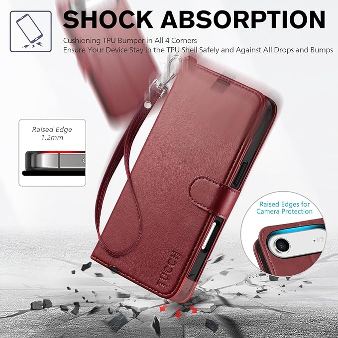 TUCCH Case Wallet for iPhone Air (6.5-Inch) 2025, Wrist Strap | Stand | RFID Blocking | 4 Card Holders | TPU Shockproof Inner Shell | PU Leather | Magnetic Folio Cover | Dark Red