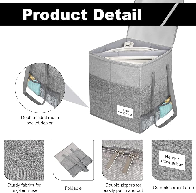 2 Pack Clothes Hanger Organizer Bag with Lid, Rigid Hanger Storage Containers,Hanger Caddy Organizer Box with Handle and Label Window Keep Closet Laundry Rooms Tidy (17 inch Height,Grey)