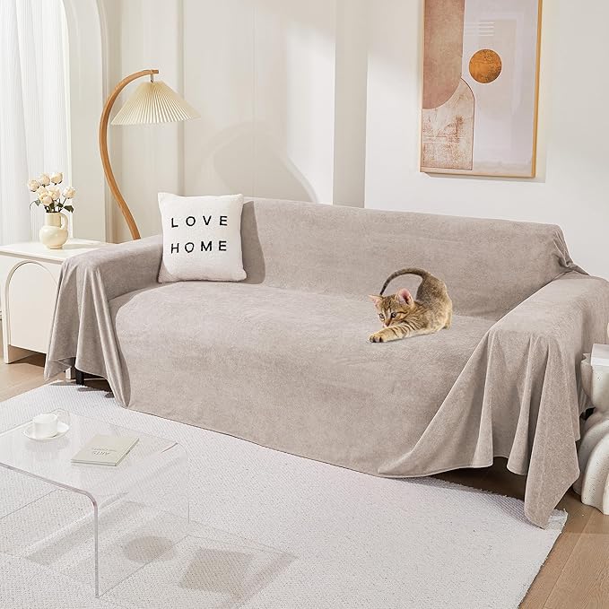 MEETSKY Sectional Couch Cover Washable, Oversized Sofa Cover for 3 Cushion Couch Sofa, Cat Scratch Proof Furniture Protector Covers Soft L Shape Sofa Covers for Dogs, 91" x 150", Oat