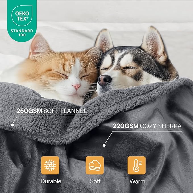 Waterproof Pet Blanket, Liquid Pee Proof Dog Blanket for Sofa Bed Couch, Reversible Sherpa Fleece Furniture Protector Cover for Small Medium Large Dogs Cats, Dark Gray Large（65" x 57"）