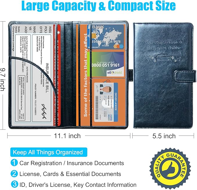 DMLuna Car Registration and Insurance Holder, Leather Vehicle Card Document Glove Box Organizer, Auto Truck Compartment Accessories for Essential Information, Driver License Cards, Black