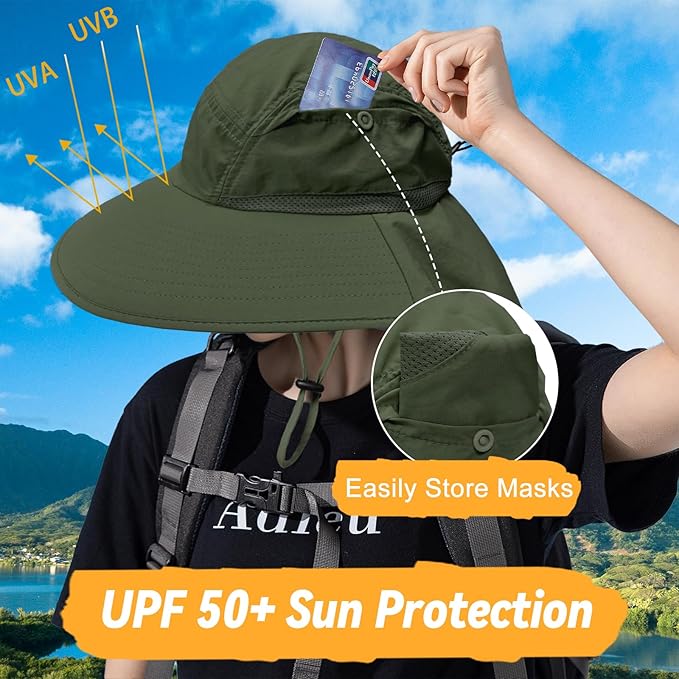Sun Hats for Men Women Detachable Face Cover Wide Brim Fishing Hats with Neck Flap UPF 50+ Outdoor Safari Hats