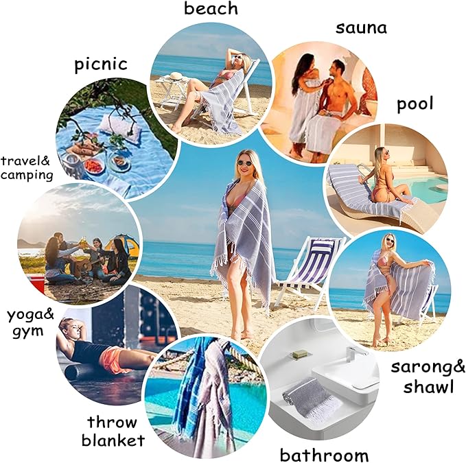 2 Pack Oversized 39 x 72 Turkish Beach Towels, Super Absorbent & Quick Dry, Sand Free, Lightweight Pool Towels for Adults Travel, Super Soft with Aloe Vera Extract