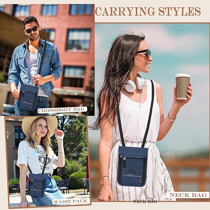 Passport Holder for Travel, Neck Pouch Travel Wallet With RFID Blocking, Waterproof Lightweight Passport Wallet for Women and Men (Dark Blue)