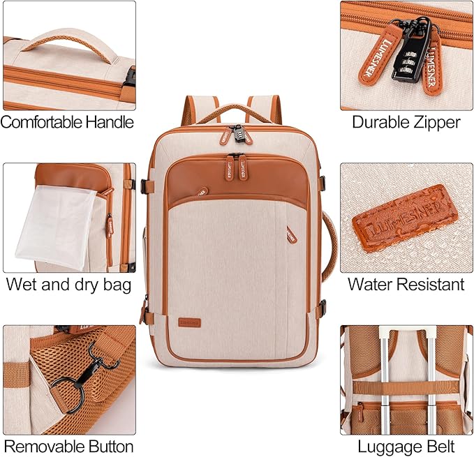 Lumesner Carry on Travel Backpacks, Extra Large 40L Flight Approved for Men & Women,Expandable Suitcase backpack (Beige (Backpack With 4 Packing Cubes))