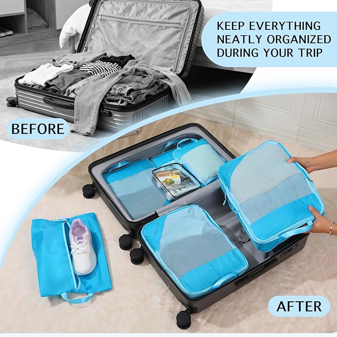 Lightweight Compression Packing Cubes for Suitcases, Compressible Expandable Travel Packing Organizer with Clear Toiletries and Backpack Bag, Travel Essentials for Carry on Luggage 7 Set