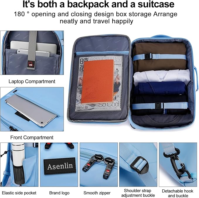 Asenlin 40L Travel Backpack for Women Men，17 Inch Laptop Backpack Flight Approved Luggage Carry On Water Resistant for Weekender Overnight Large Daypack Light Blue