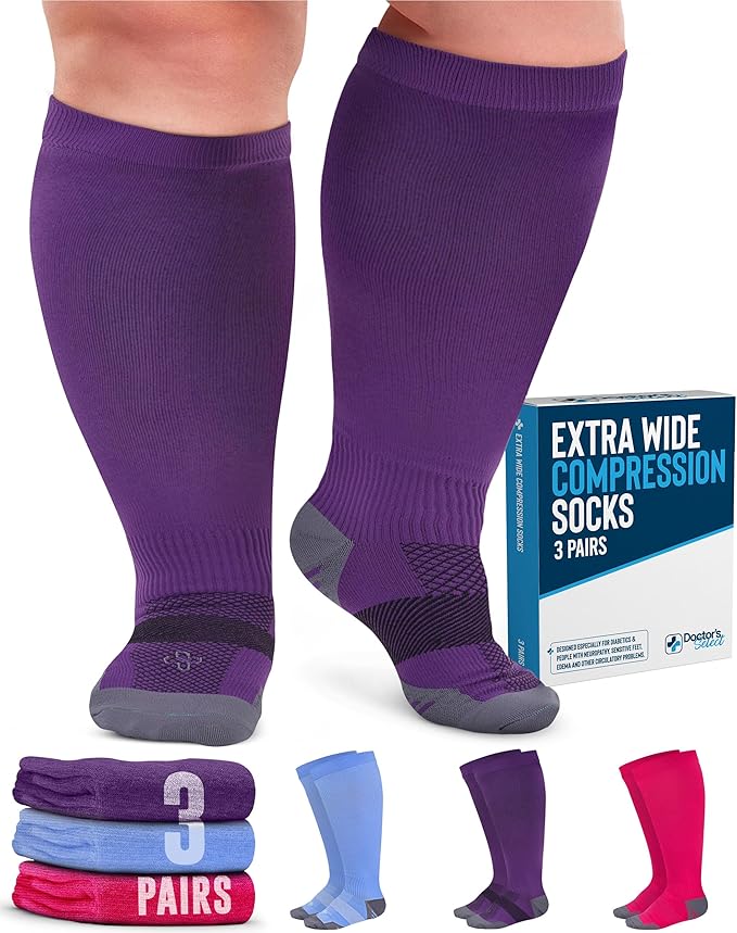 Doctor's Select 3 Pairs Plus Size Compression Socks Wide Calf - Up to 6XL | 20-30 mmHg Compression Socks for Women Wide Calf Pink, Purple, Blue