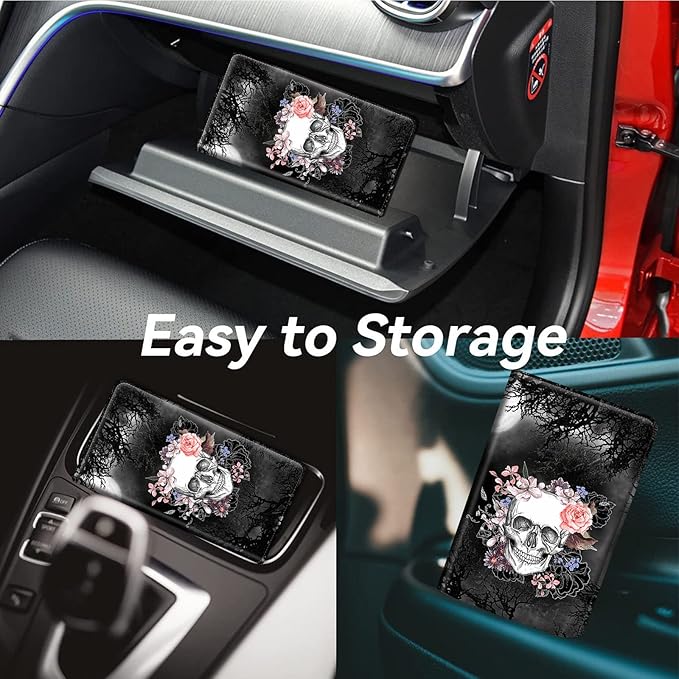 Car Registration and Insurance Holder, Leather Car Glove Box Organizer, Cool Car Accessories for ID, Driver's License Cards & Essential Document, business cards, Men&Women,Skull Flower