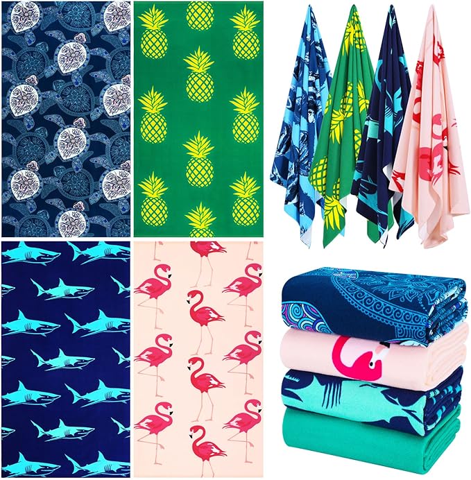 4 Packs Oversized Thin Beach Towel Set, XL Extra Large Big 36 x 72 in Clearance Swim Travel Towels Soft Blanket for Adult Women Men Lounge Chair Cover Accessories Essentials Blue Shark Pink Flamingos