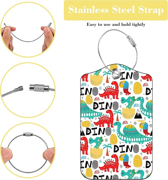 2 Pack Luggage Tags for Suitcase,PU Leather Travel Cruise Luggage Tag with Privacy Cover,Name ID Label and Steel Ring,Travel Essentials for Women Men (Dinosaur with Palms)