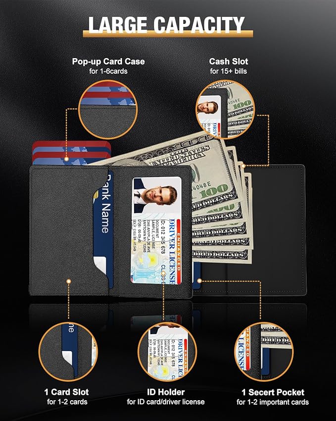 Mens Wallet Card Holder - Pop Up Aluminum Case, Premium Flexible Microfiber Leather, Smart Wallet for Men, RFID Blocking, Slim, Minimalist, Front Pocket - 9-14 Card Capacity | ID Window | Cash Slot
