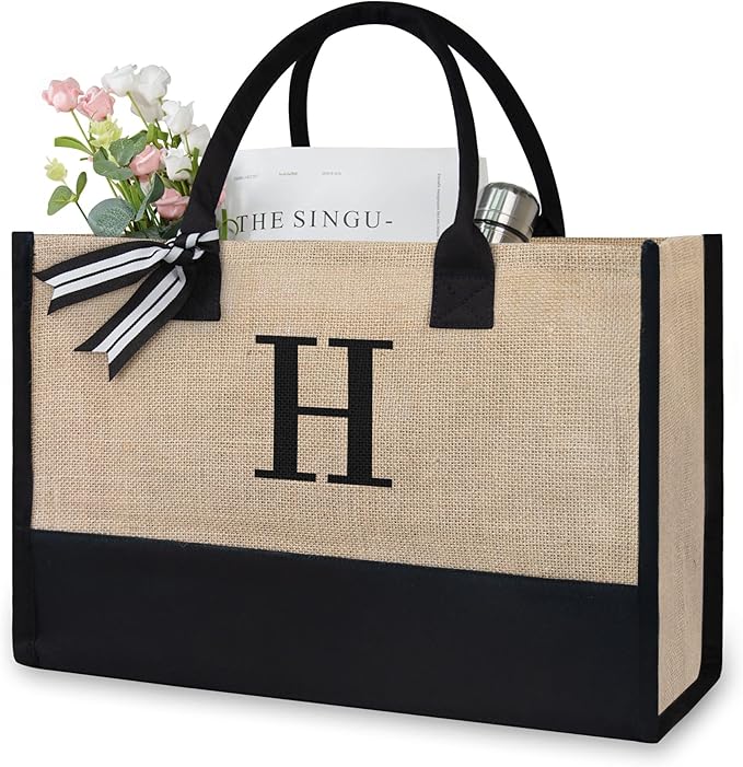 TOPDesign Personalized Initial Canvas Beach Bag, Monogrammed Gift Tote Bag for Women