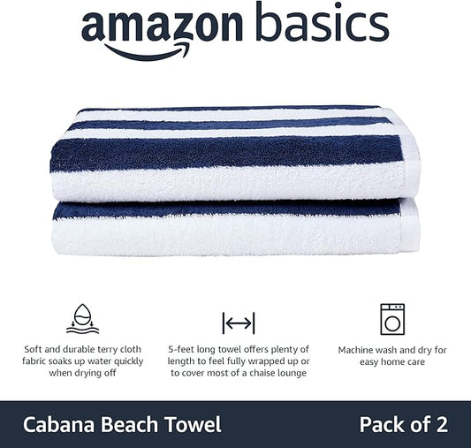 Amazon Basics 100% Cotton Terry Absorbent Cabana Stripe Pool & Beach Towels, Soft, Large, and Thick, 2-Pack, Navy Blue, 30 in x 60 in