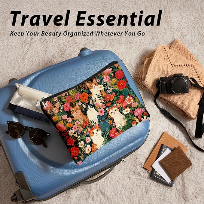 Retro Cat Makeup Bag, Kitty Cosmetic Zipper Travel Toiletry Bag for Traveling Women, Cute Black Cat Gifts for Women & Teen Girls, Cats Gifts Lovers