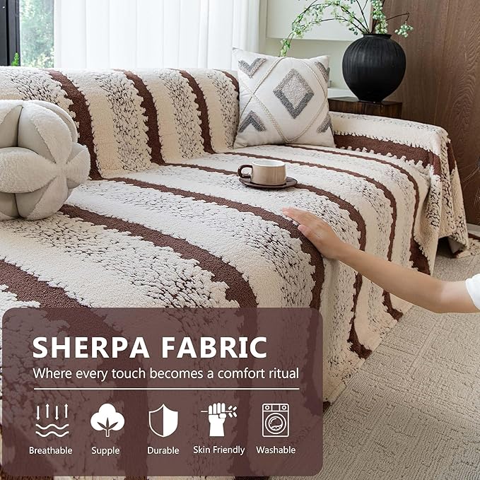 Sherpa Fleece Oversized Couch Cover for 3-4 Cushion Sofa, Brown 71" x 150" - Pet Proof Sofa Covers Heavy Duty Scratch Resistant Pet Friendly Furniture Cover - Easy Install, Machine Washable