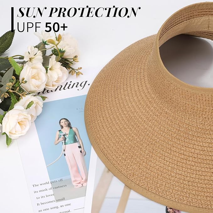 Beach Sun Hats for Women Wide Brim Straw Foldable Beach Hat UV Protection