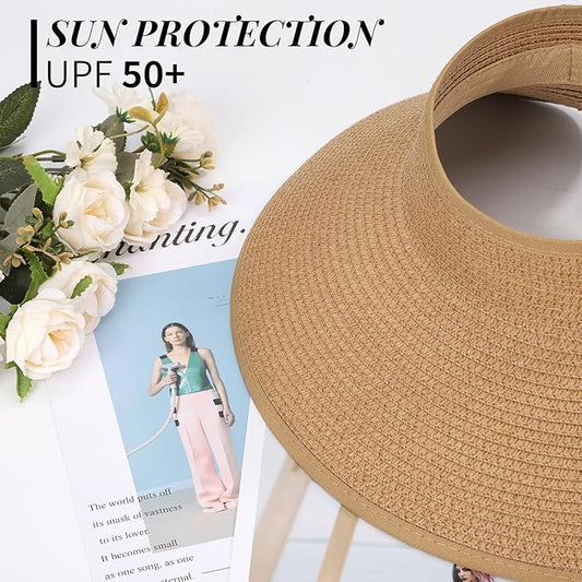 Beach Sun Hats for Women Wide Brim Straw Foldable Beach Hat UV Protection