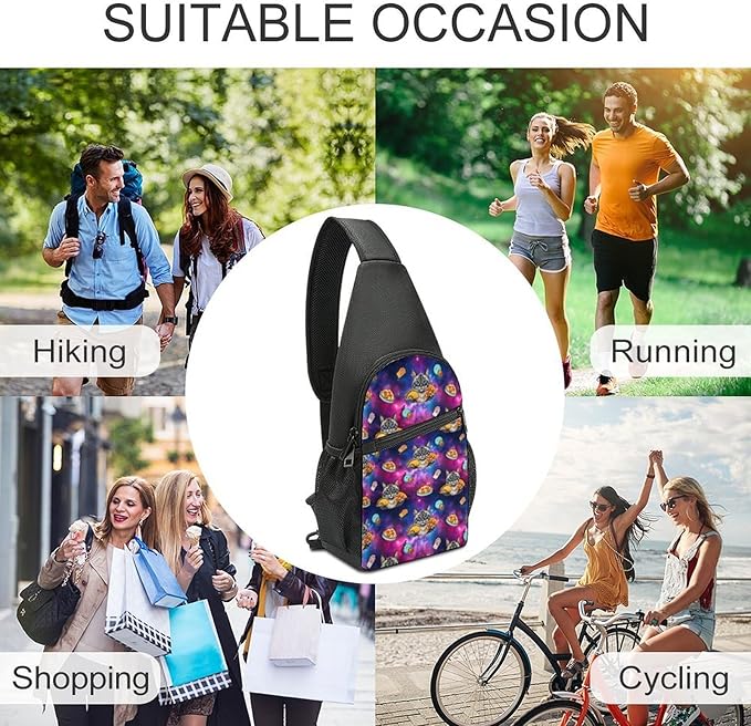 SWEET TANG Men's Crossbody Bags, Casual Daypacks Funny Cute Galaxy Cat Taco Pizza for Cycling and Travel, Fashion Sling Shoulder Backpack Square Rucksack with Small Pocket for Key Purse